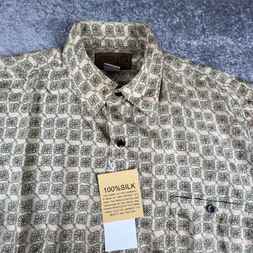 Utopia Mens Medium 100% Silk Short Sleeve Button Down Shirt Geometric Cream NWT